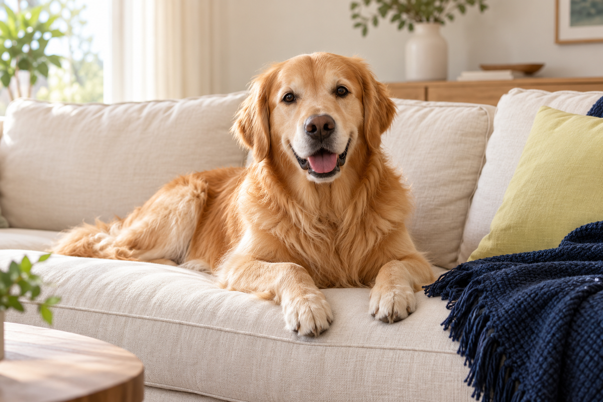 Ein Golden Retriever entspannt auf einem hellen Sofa.