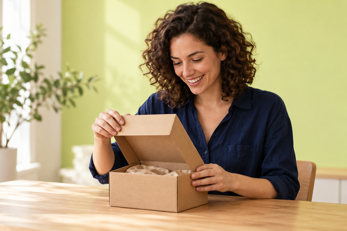 Eine lächelnde Frau öffnet ein Paket an einem Tisch.
