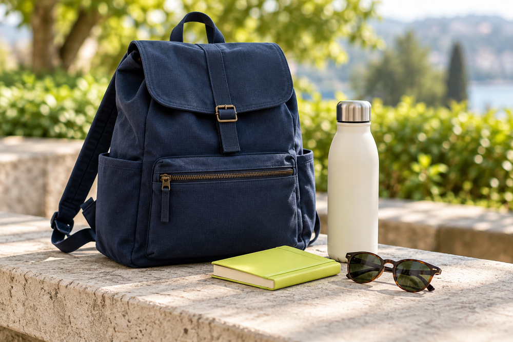 Ein dunkelblauer Rucksack, eine Trinkflasche und ein Notizbuch auf einer Bank.